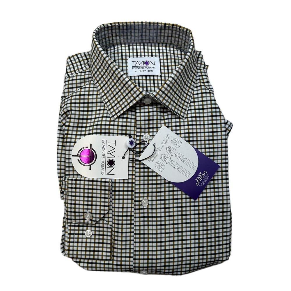 Tayion Slim-Fit Plaid Dress Shirt Mens Medium 15-15.5 34/35 White Black Gold NEW